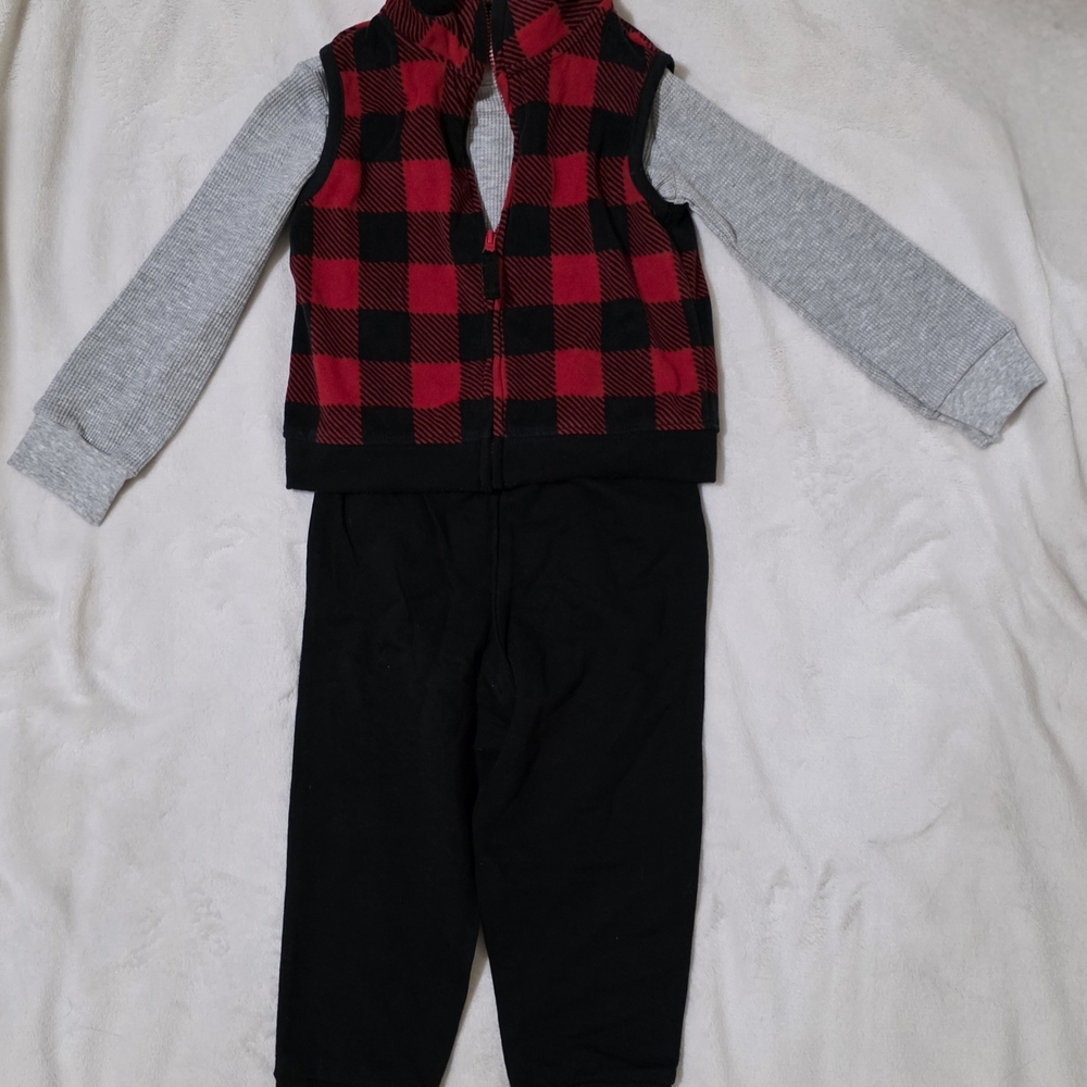 CARTERS Red and Black Plaid Vest with Gray Sleeves and Black Pants 24 MONTHS